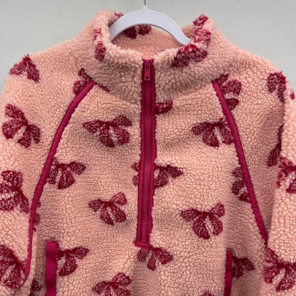 Shop Janae Blush Pink Hot‎ Pink Bow Sherpa 1/4 Zip Fleece Pullover - Picture 3 of 6